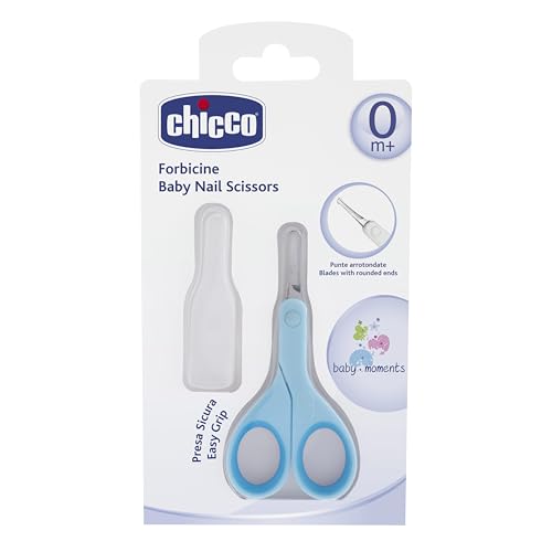 Chicco Nagelschere für Babys und Kinder, Edelstahl-Babyschere mit gebogenen Klingen und abgerundeten Spitzen, Schutzhülle, rutschfester Gummigriff - Babyzubehör für Neugeborene ab 0 Monaten