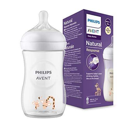 Philips Avent Babyflasche Natural Response – Babyflasche, 260 ml, BPA-frei, für Babys ab 1 Monat, Giraffenmotiv (Modell SCY903/66)