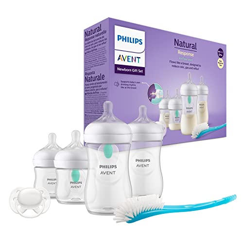 Philips Avent Babyflaschen mit AirFree Ventil, Geschenkset für Neugeborene – 4 Babyflaschen, ultra soft Schnuller und Flaschenbürste, Babys von 0–12 Monaten und älter (Modell SCD657/11)