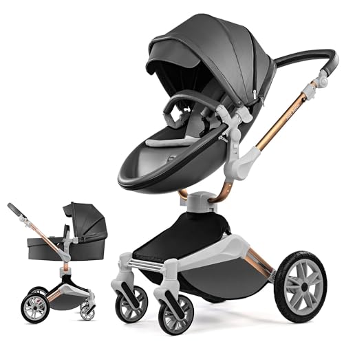 Hot Mom Kinderwagen 2in1 mit 360° Drehfunktion, kombikinderwagen mit Babywanne/Sportwagen, PU-Reifen & Kunstleder-Sitz (Dunkelgrau)