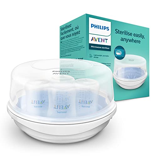 Philips Avent Mikrowellen Sterilisator, Dampf-Sterilisator für bis zu 4 Babyflaschen, Schnuller und Zubehör, weiß (Modell SCF281/02)