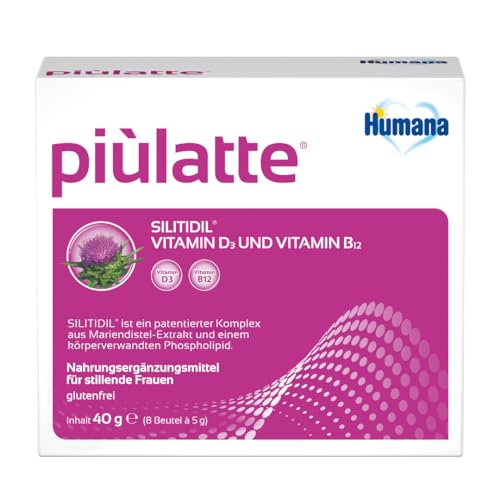 Humana piùlatte, Nahrungsergänzungsmittel für stillende Frauen, mit Vitamin B12, Vitamin D3 und Mariendistel-Extrakt, Nahrungsergänzung für die Stillzeit, 8-Tage Packung