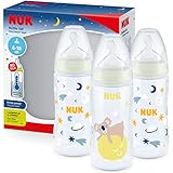NUK First Choice+ Night Babyflaschen-Set | 6–18 Monate | Leuchtet im Dunkeln | Temperature Control | Anti-Colic-Ventil | 300 ml | BPA-frei | Silikon-Trinksauger | Koala | 3 Stück