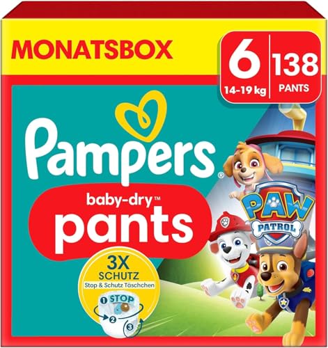 Pampers Windeln Paw Patrol Pants Größe 6 (14-19kg) Baby-Dry, Extra Large mit Stop- und Schutz Täschchen, MONATSBOX, 138 Höschenwindeln