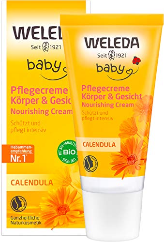 WELEDA Bio Baby Calendula Pflegecreme Körper & Gesicht 30ml - Naturkosmetik Gesichtscreme / Hautcreme mit Sesamöl & Lanolin zur Pflege trockener Haut. Babypflege Feuchtigkeitscreme für Babys & Kinder