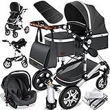 KESSER® Loops 3 in 1 Kinderwagen Kombikinderwagen Komplett-Set inkl. Babywanne & Buggy Sportsitz & Auto-Babyschale Voll-Gummireifen Wickeltasche Regenschutz Kindertisch ECE R129, Asphalt Grau/Silber