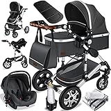 KESSER® Loops 3 in 1 Kinderwagen Kombikinderwagen Komplett-Set inkl. Babywanne & Buggy Sportsitz & Auto-Babyschale Voll-Gummireifen Wickeltasche Regenschutz Kindertisch ECE R129, Asphalt Grau/Silber