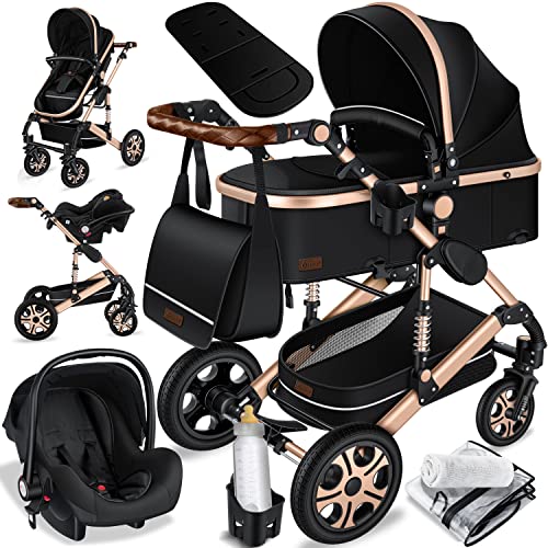 KESSER® Loops 3 in 1 Kinderwagen Kombikinderwagen Komplett-Set inkl. Babywanne & Buggy Sportsitz & Auto-Babyschale Voll-Gummireifen Wickeltasche Regenschutz Kindertisch ECE R129, Schwarz/Champagne