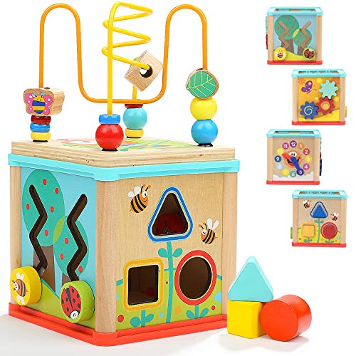 TOP BRIGHT Aktivitätswürfel aus Holz, 5-in-1, Aktivitätstisch für Babys und Kinder von 1 und 2 Jahren, Lernzentrum mit Perlenlabyrinth und Sortierung, lustiges Spielzeug für Jungen und Mädchen