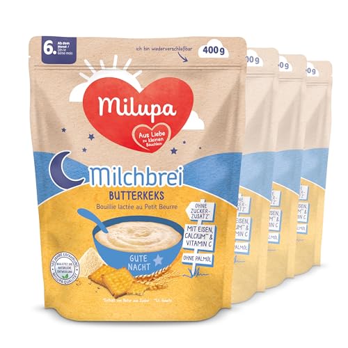 Milupa Milchbrei Butterkeks – Babybrei ohne Palmöl – Frei von Konservierungs- und Farbstoffen – Ab dem 6. Monat – 4 x 400 g