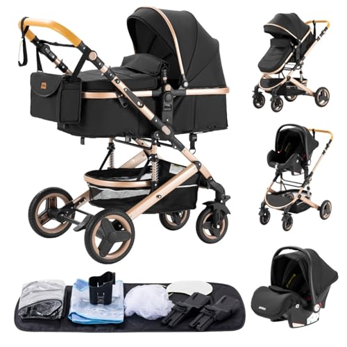 YAZOCO kinderwagen 3 in 1 Buggy Babybett Komplett Set Einem Klick Zusammenklappbarer Kinderwagen, KombiKinderwagen Aluminiumrahmen für Neugeborene (Schwarz)