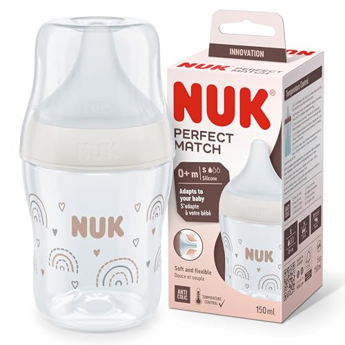 NUK Perfect Match Babyflasche | Ab 0 Monate | Passt sich dem Baby an | Temperature Control | Anti-Colic | 150 ml | BPA-frei | Silikontrinksauger, Small | Regenbogen