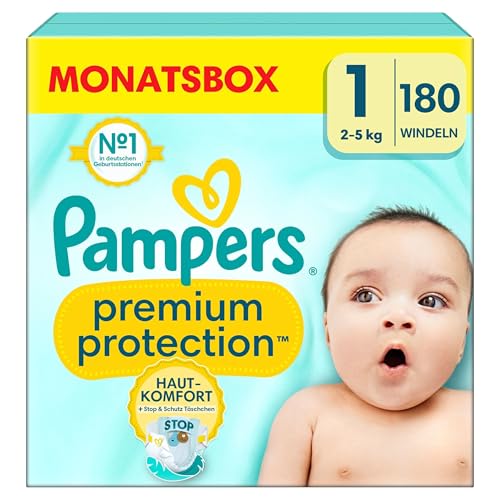 Pampers Baby Windeln Größe 1, Premium Protection, Windeln x180, 2kg-5kg, Doppelter Schutz für Hautkomfort & gegen Auslaufen