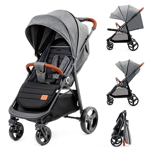 Kinderkraft GRANDE PLUS Kinderkraft buggy von Geburt bis 22 kg, Zusammenklappen mit einer Hand, Liegeposition, großes Verdeck mit Fenster, alle 4 Räder gedämpft, geräumige Sitz, Grau