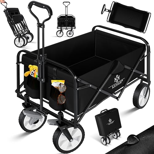 KESSER® Bollerwagen faltbar Handwagen Transportkarre Gerätewagen | inkl. 2 Netztaschen & Cover | klappbar | PVC-Reifen | bis 80 kg Tragkraft transportwagen Gartenanhänger ohne Dach, Schwarz/Black