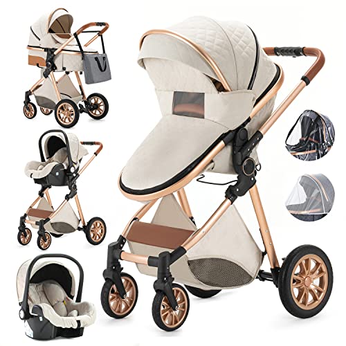 Gcarebb Kinderwagen 3 in 1, Kinderwagen Buggy Mit Auto Babyschale, Mit Einem Klick Zusammenklappbarer Tragbarer Kinderwagen Komplettset, KombiKinderwagen Mit Aluminiumrahmen für Neugeborene 0-3 Jahre