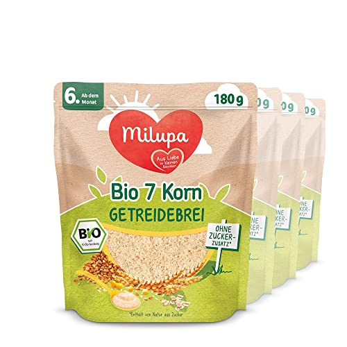 Milupa Bio 7 Korn Getreidebrei – Babybrei ab dem 6. Monat, Ohne Zuckerzusatz, Babynahrung, Beikost, 4 x 180g