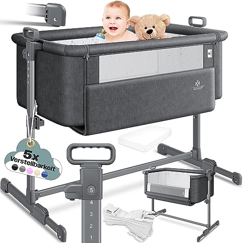 KESSER® Zustellbett Hubi 3in1 Baby Beistellbett Reisebett Babybett mit weich Matratze, mit Rollen Kinderbett, 5-Fach Höhenverstellung, Faltbare Seitenwand für Zuhause und Unterwegs, Dunkelgrau