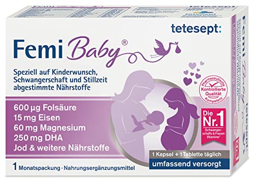 tetesept Femi Baby – 16 Nährstoffe für Kinderwunsch, Schwangerschaft & Stillzeit – mit Folsäure, Eisen, Jod + DHA – 1 x Monatspackung à 30 Tabletten + 30 Kapseln
